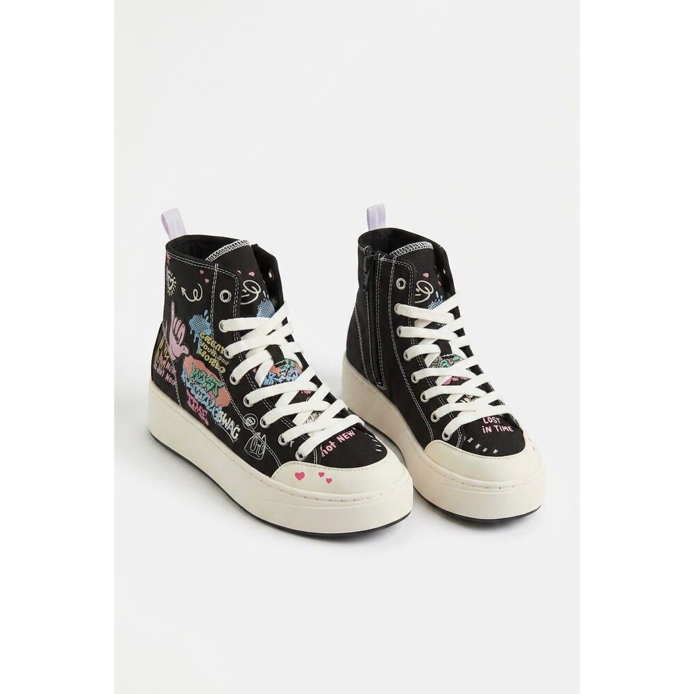 Zara Graffiti High Top Platform Canvas Sneakers Zip Graphic Black EU 35 US 3.5
